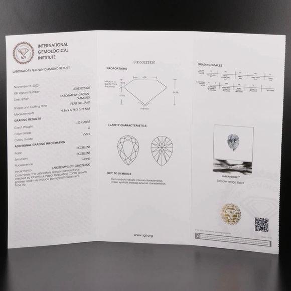 IGI Certified Lab Grown Diamond Pear Brilliant VVS2 1.23ct Carat Loose Stone - Picture 9 of 9